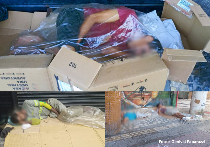 Sacos plásticos e papelões se misturam em várias calçadas para aquecer do frio. Fotos: Genival Paparazzi/Divulgação